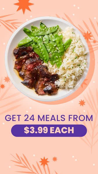 This image ad promotes a meal delivery service, highlighting the availability of 24 meals for $3.99 each. The ad feature