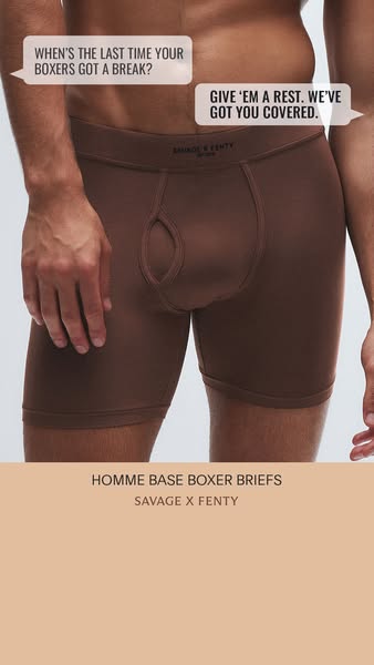 This ad for Savage X Fenty promotes their Homme Base Boxer Briefs. The ad features a close-up shot of a man wearing the 
