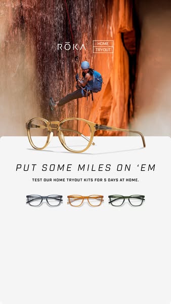 This ad for ROKA features an individual rock climbing with a waterfall behind them while wearing ROKA glasses. The ad pr