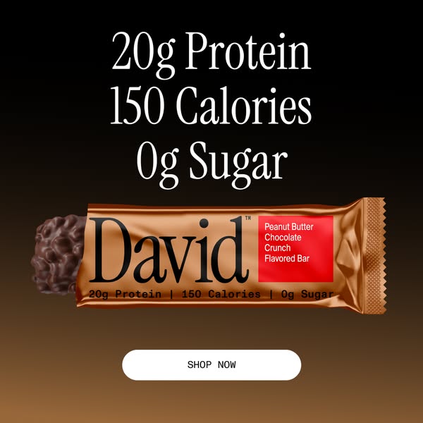 This ad shows a protein bar and uses on-screen text to call out key nutritional features: 20g protein, 150 calories, and