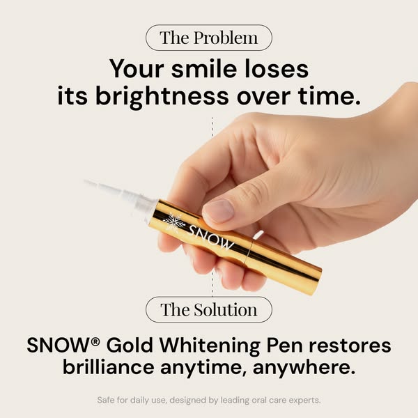 The ad presents the problem of smiles losing brightness over time and offers the SNOW® Gold Whitening Pen as the solutio