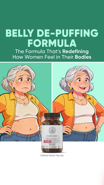 The image ad promotes Hormone Harmony's belly de-puffing formula. It uses a before-and-after illustration to show th