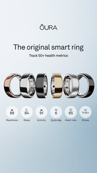 This ad highlights the Oura ring as the original smart ring, showcasing its ability to track various health metrics. It 