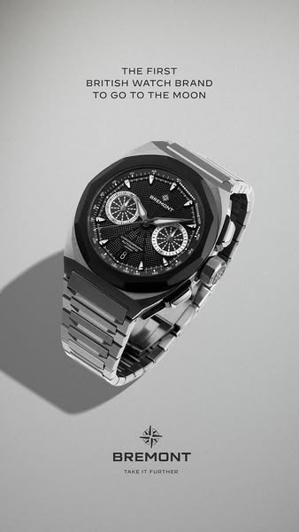 This image ad highlights Bremont, the first British watch brand to go to the moon. The ad features a close-up shot of on