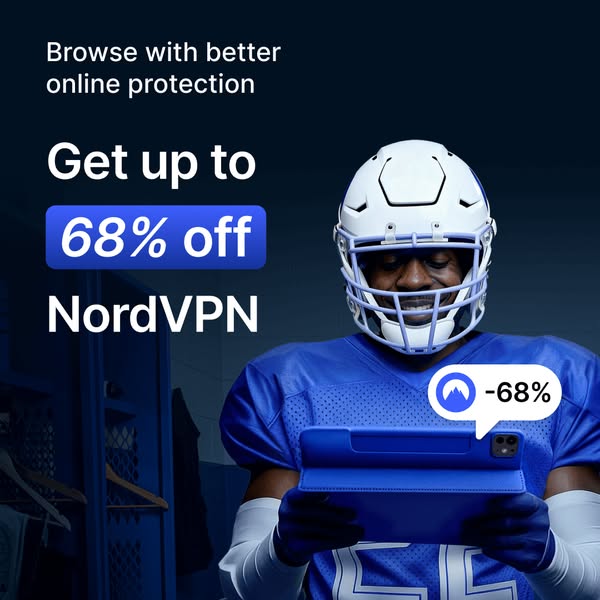 This image ad for NordVPN features a football player in a locker room setting, emphasizing online protection with a sign