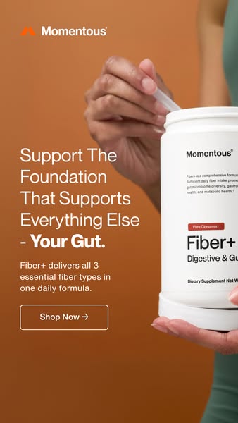 This ad promotes Momentous Fiber+ Digestive & Gut supplement. The ad copy emphasizes supporting your gut as the foun