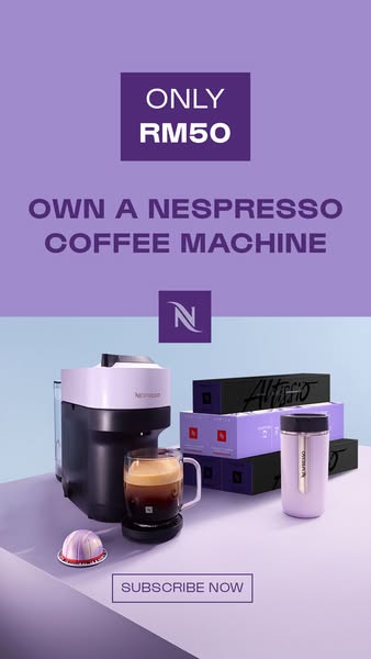 This ad promotes Nespresso coffee machines and subscriptions, offering a machine for a discounted price of RM50 when you