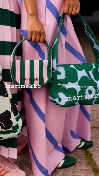 This image ad for Marimekko showcases a variety of colorful bags. The ad emphasizes the brand's unique designs and p