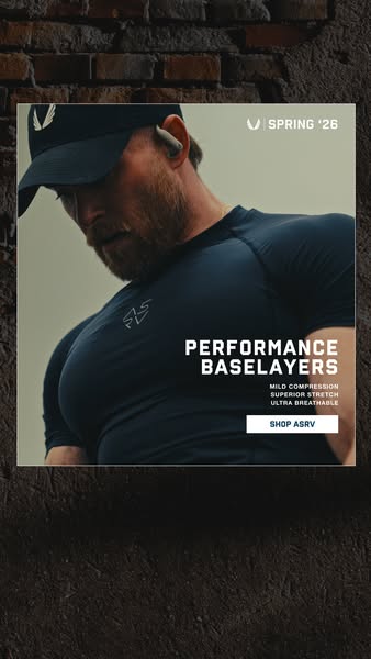This ad for ASRV advertises the brand's performance baselayers with an image of a man in the brand's athletic sh