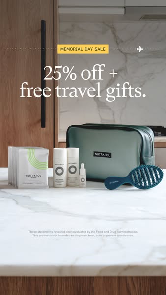 This ad is for Nutrafol, and it's advertising a Memorial Day sale of 25% off plus free travel gifts.