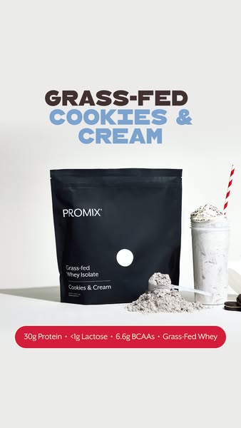 This image ad promotes Promix Grass-Fed Whey Isolate protein powder in the Cookies & Cream flavor. The ad features a