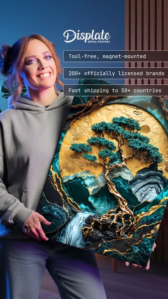This ad showcases a woman holding a Displate metal poster. It highlights the product's tool-free, magnet-mounted ins