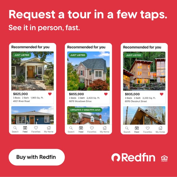 This ad for Redfin showcases a home listing carousel within an app interface to encourage users to book a tour. The ad i