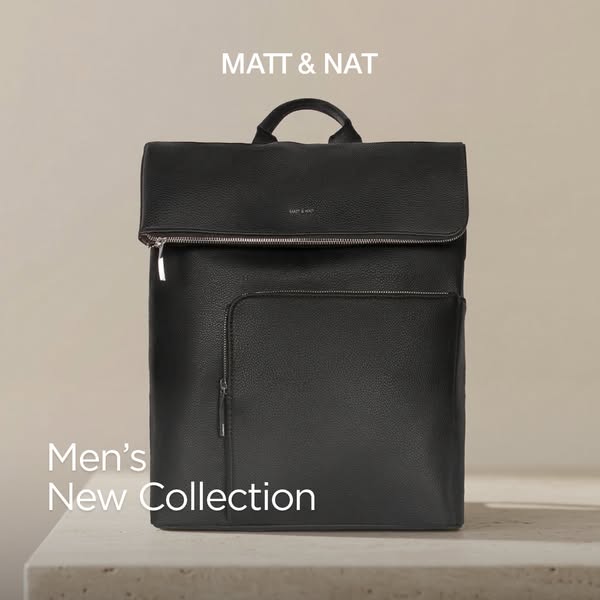This ad showcases a black backpack from the Matt & Nat Men's New Collection against a neutral background. The fo