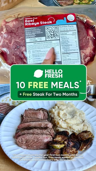 This ad for Hello Fresh promotes a limited-time offer of 10 free meals and free steak for two months to new subscribers.