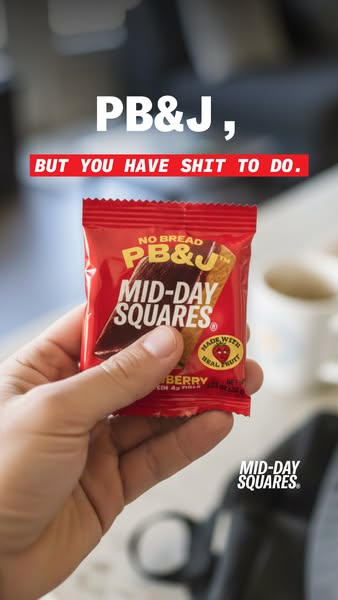 The ad showcases Mid-Day Squares as a convenient, no-bread alternative to the classic PB&J, targeting busy individua