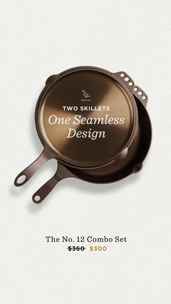 This ad features a stack of two cast iron skillets, highlighting their seamless design and promoting a discounted price 