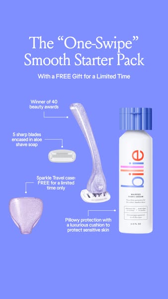 This ad promotes the Billie "One-Swipe" Smooth Starter Pack, highlighting its features and offering a free gif