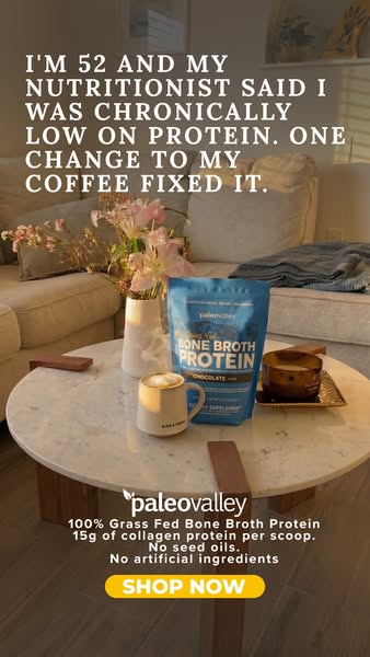 An ad featuring Paleo Valley Bone Broth Protein in chocolate flavor. The ad contains a testimonial from a 52-year-old wo