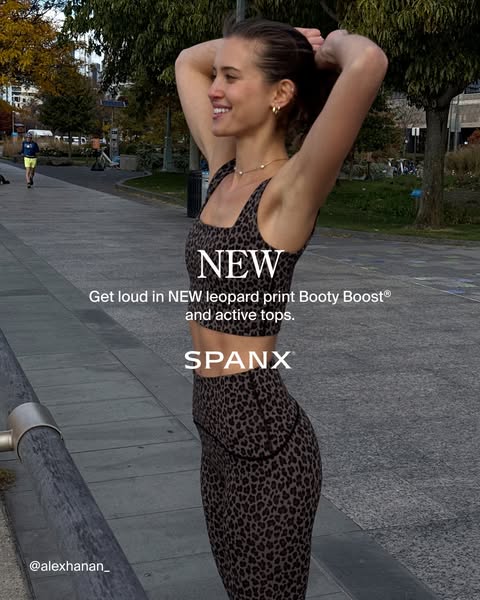 This ad by Spanx features a woman in a leopard print activewear set, highlighting the new leopard print Booty Boost legg