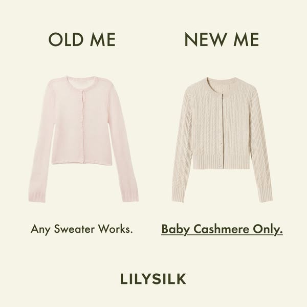 This ad compares a LilySilk baby cashmere sweater to a generic sweater, highlighting the superior quality and exclusivit