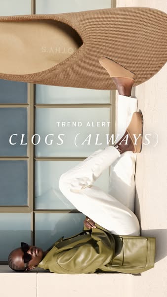 This ad from Rothy's showcases a current fashion trend (clogs) and promotes a tan-colored clog style shoe that Rothy