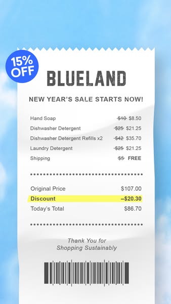 This ad uses the format of a printed receipt with a blue sky background, advertising the brand Blueland's New Year&#