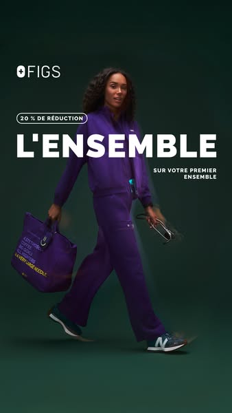 This ad features a woman walking and wearing a FIGS set. The ad promotes a 20% discount on the first set.