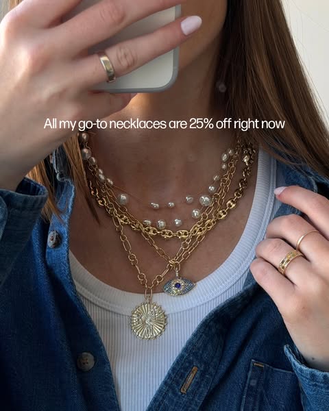 This ad showcases a woman wearing several gold necklaces, advertising a 25% discount on all of the brand's necklaces