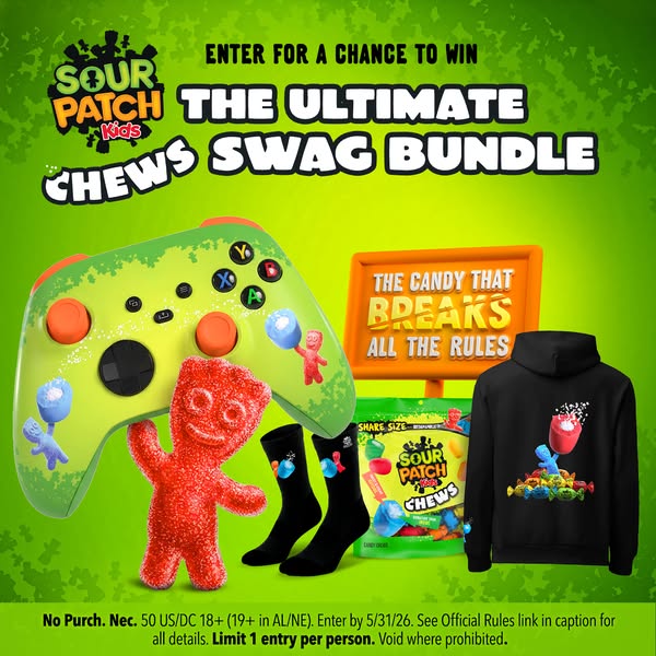 This ad promotes a giveaway for The Ultimate Swag Bundle from Sour Patch Kids Chews. The ad features a lime green backgr
