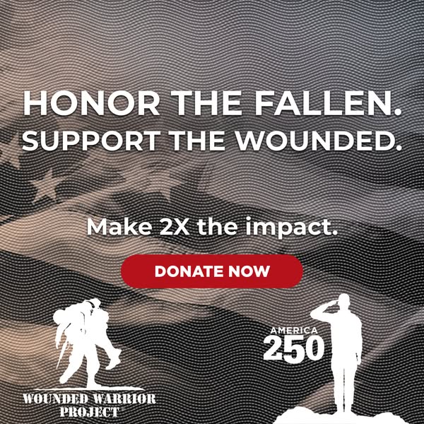 An image ad encouraging the viewer to donate to the Wounded Warrior Project and support wounded warriors.