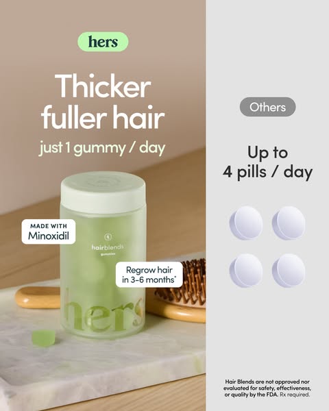This ad compares Hers hair gummies with competitors in terms of quantity and dosage, highlighting Hers's value propo