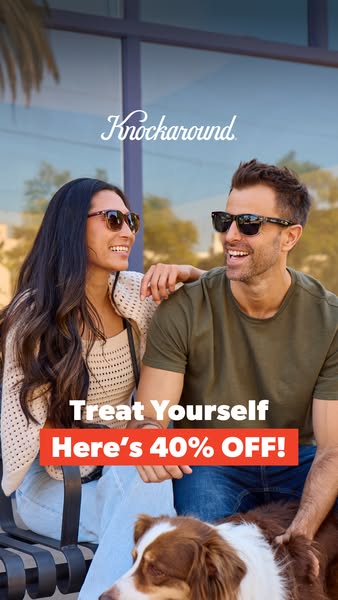 A lifestyle product photo shows a smiling man and woman wearing Knockaround sunglasses while sitting on a bench with the
