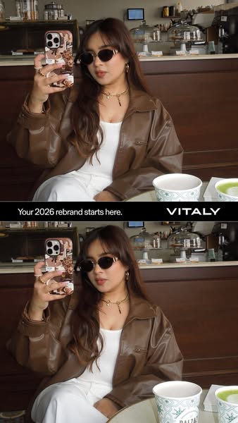 This ad features a woman taking a selfie in what looks like a coffee shop. The ad uses a split screen effect to show the