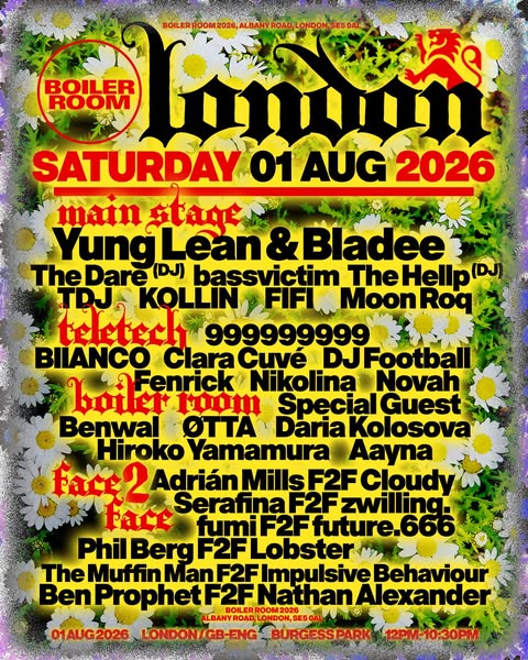 This ad promotes Boiler Room London, a music event taking place on Saturday, August 1, 2026, at Burgess Park. It feature