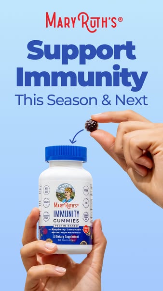 An ad for MaryRuth's Immunity Gummies that shows a hand holding the bottle of gummies, then a single gummy. The ad h