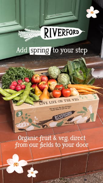 This image ad from Riverford promotes organic fruit and vegetables delivered direct from the farm. The ad features a box