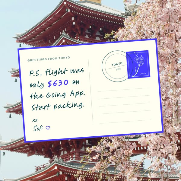 This ad uses a postcard motif to promote the Going App. The postcard features a handwritten-style note about an inexpens