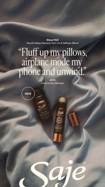The image ad showcases the Saje brand's Sleep Well Restful Sleep Remedy Roll-On & Diffuser Blend. It features a 