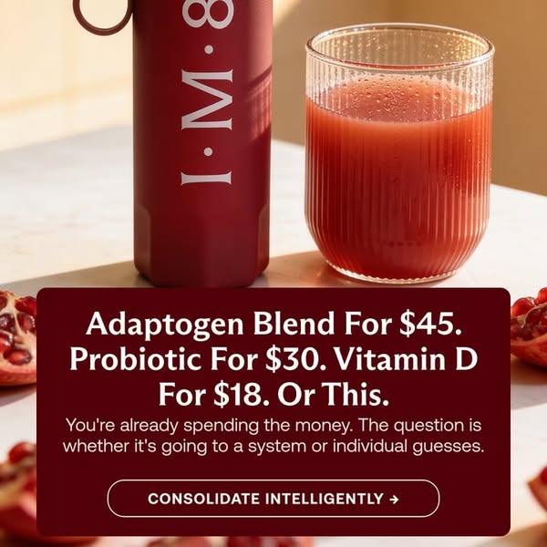 This ad highlights I·M·8's product which consolidates vitamins and supplements into a single drink mix, contrasting 