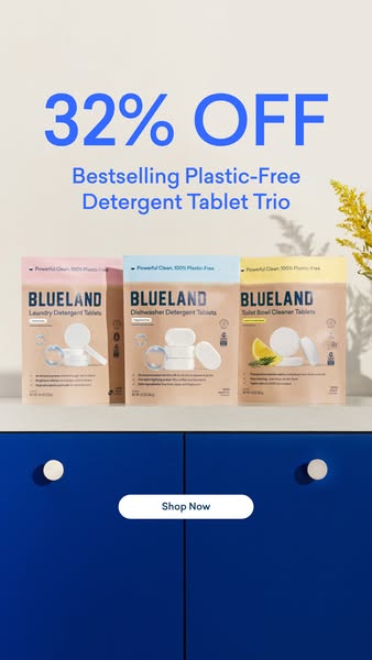 This image ad promotes Blueland's plastic-free detergent tablet trio with a 32% discount. It features the laundry, d