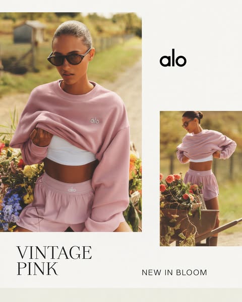 This ad promotes Alo Yoga athletic wear, specifically a pink sweatshirt and shorts set. It showcases the brand's aes