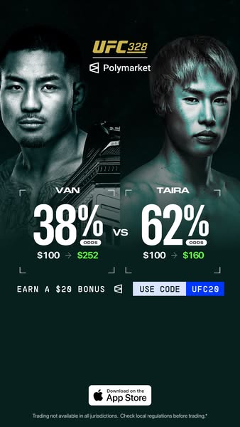 This image ad promotes Polymarket and UFC 328, encouraging users to predict the outcome of the Van vs Taira fight. It of