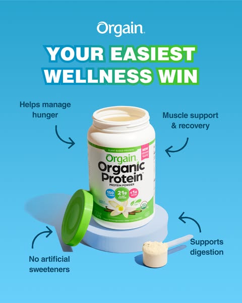 This image ad for Orgain Organic Protein Powder highlights the product's benefits, like helping to manage hunger, mu