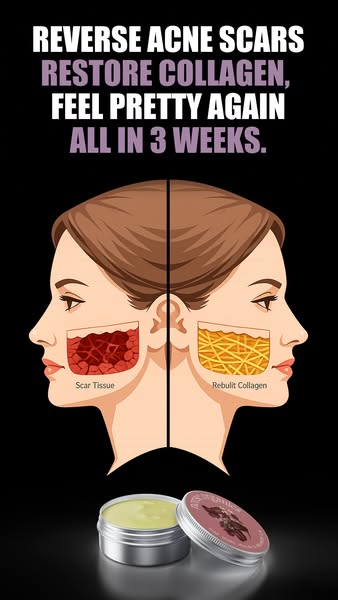 The image ad promotes a product that reverses acne scars, restores collagen, and helps one feel pretty again. It shows a