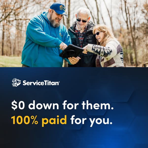This ServiceTitan ad uses an image of 3 people looking at a tablet while outside. The text overlay uses an offer to sugg