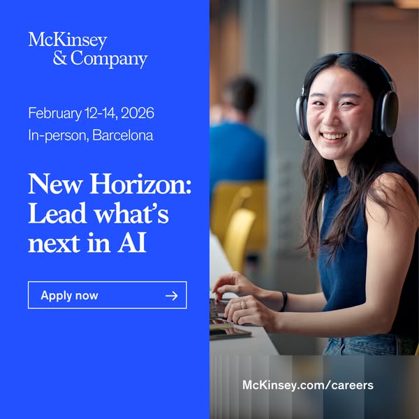 This image ad for McKinsey & Company promotes the New Horizon event in Barcelona, February 12-14, 2026, focusing on 