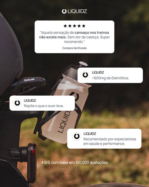 This image ad showcases the Liquidz hydration product on a bicycle, highlighting its benefits through customer testimoni