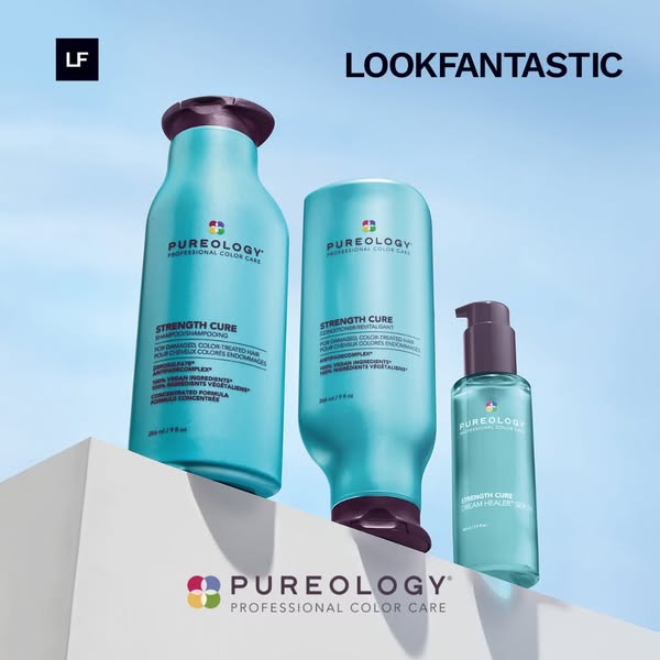 This ad features three Pureology hair care products: shampoo, conditioner, and serum. The products are displayed on a wh