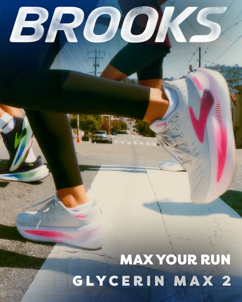 This image ad is for Brooks Glycerin Max 2 running shoes. It shows two runners crossing a street on a sunny day. The ad 